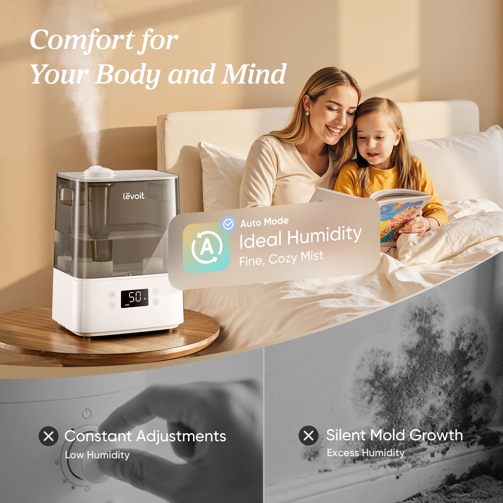 Woman and child reading a book with a humidifier in the foreground, emphasizing comfort and health benefits.