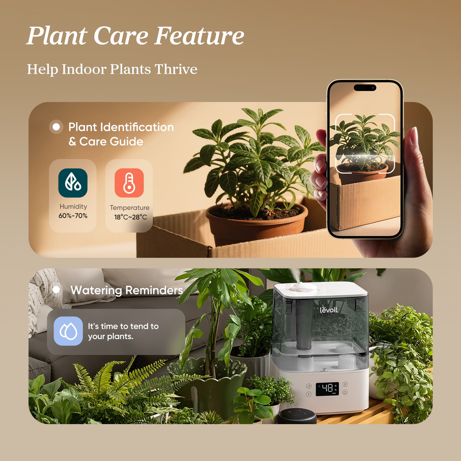 Smart plant care device with smartphone app and indoor plants on a beige background