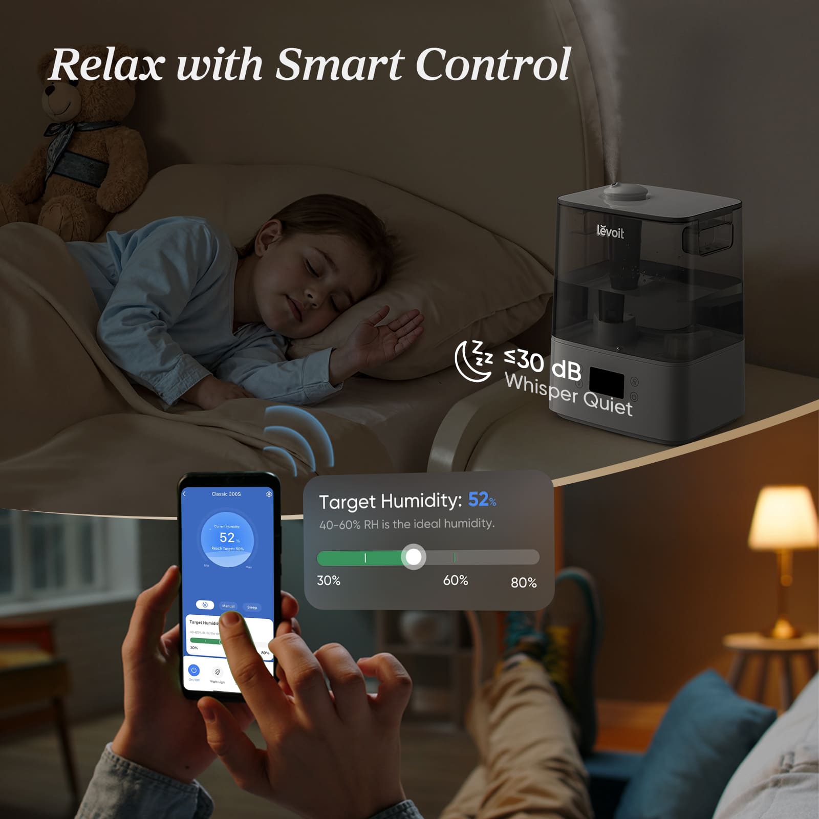 Person using a smartphone app to control a smart humidifier with a child sleeping in the background.